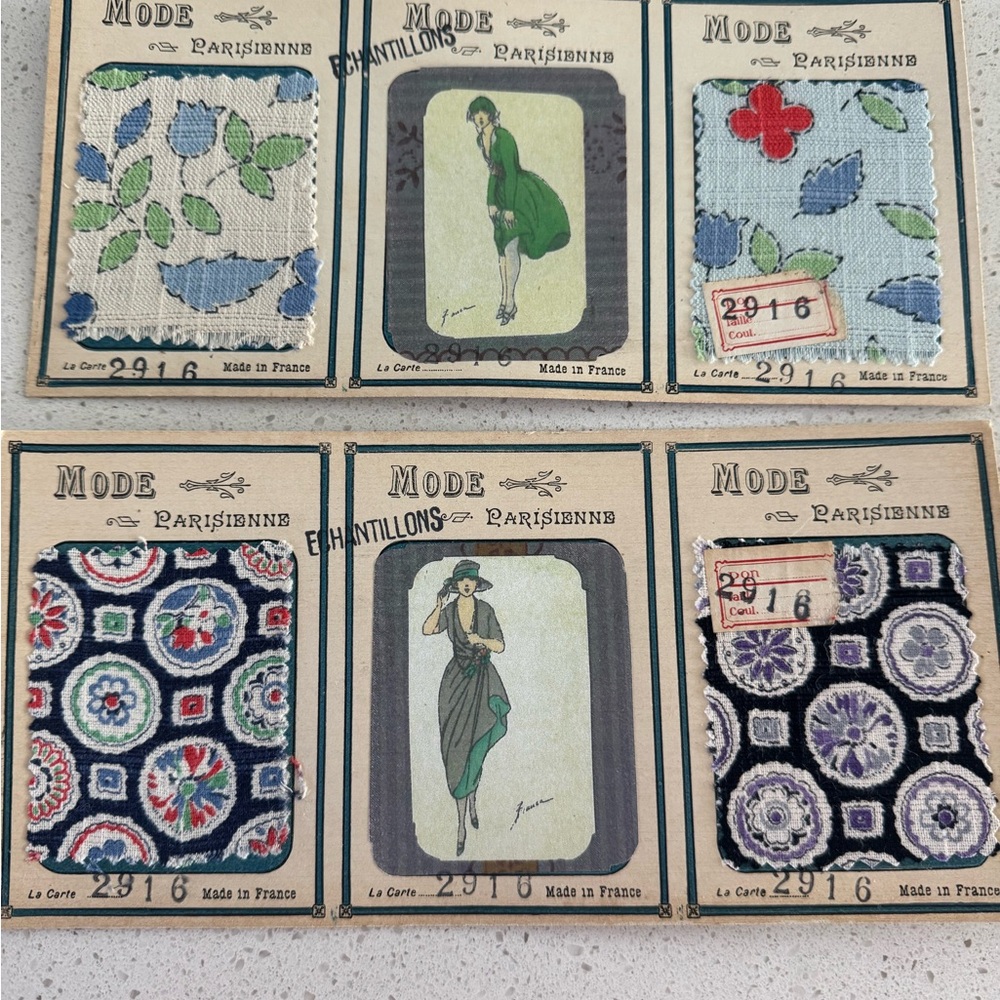 Pair Of Antique French Fabric Sample Cards 1930 Mode Parisienne Textile Swatches